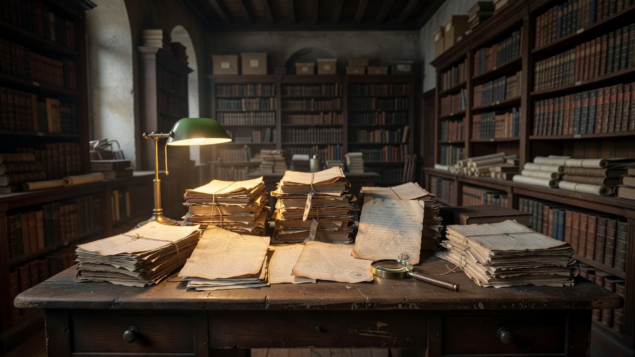 Stacks of vintage paper records and a magnifying glass on an old wooden desk.