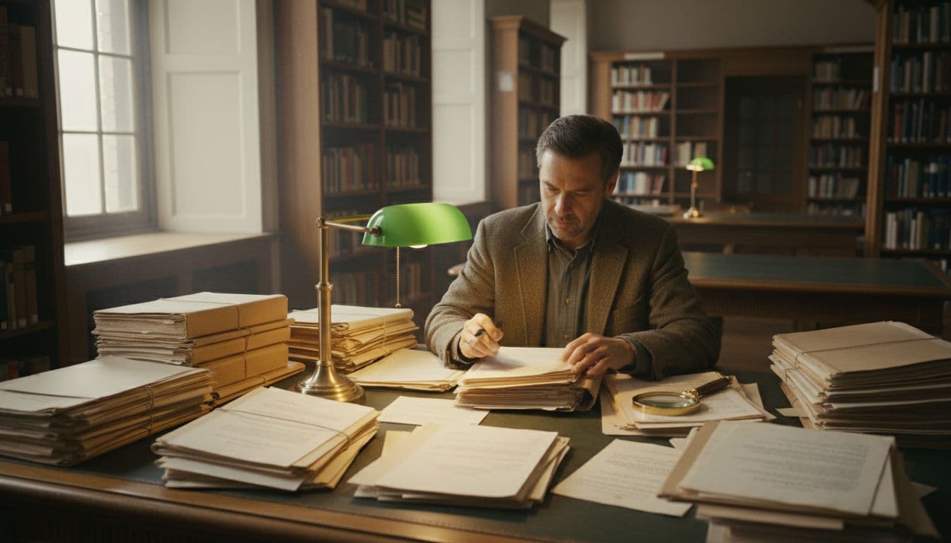 A person sits at a wooden desk in a quiet library, focused on stacks of old public records documents and notebooks under warm lamp light, with a magnifying glass nearby and soft natural window lighting.