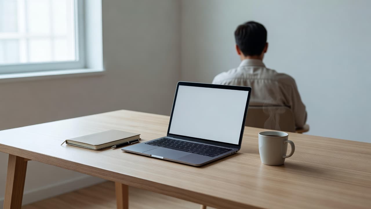 A sleek wooden desk features an open laptop, a spiral notebook, and a steaming ceramic mug. Gentle morning light filters through a nearby window, casting soft shadows across the organized space.