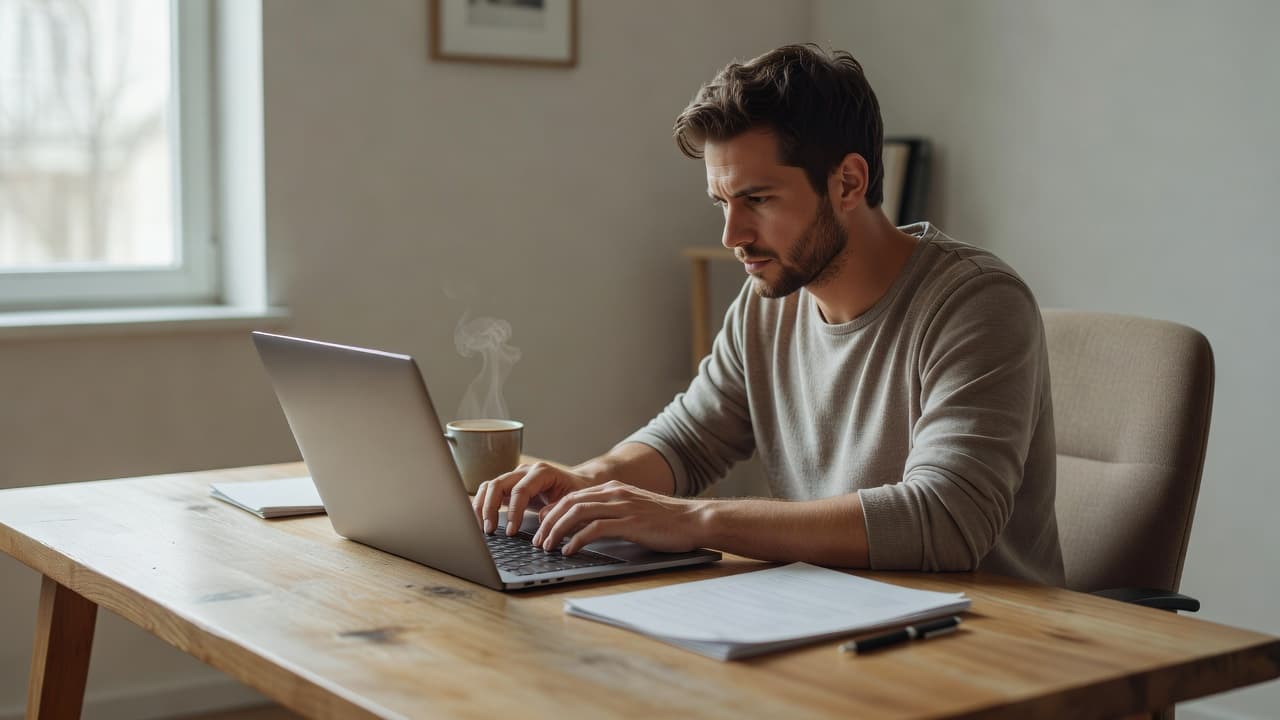 A person working on a laptop at a wooden desk near a window with coffee.