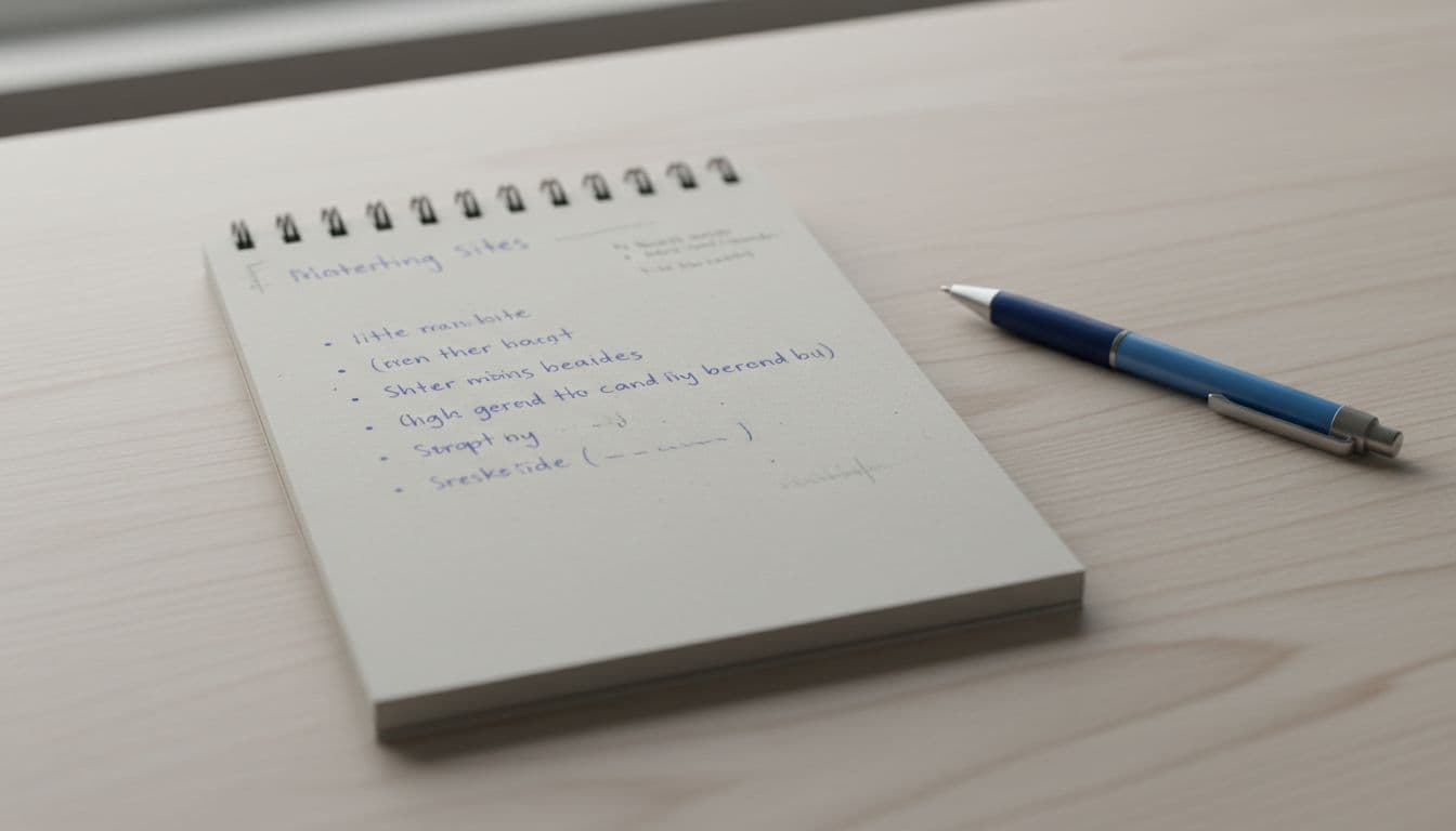 Open spiral notebook on a plain wooden desk displaying a simple handwritten checklist outline for public records research, with faint bullet points and short notes. Ballpoint pen lies beside it under soft natural daylight.