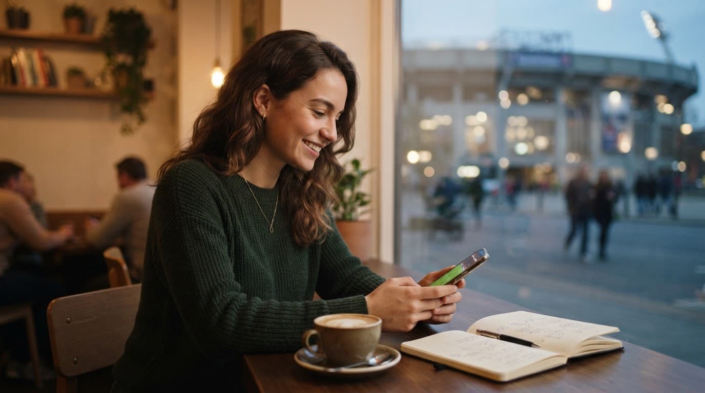 A soccer fan checks a phone beside coffee and a notebook in a cafe.