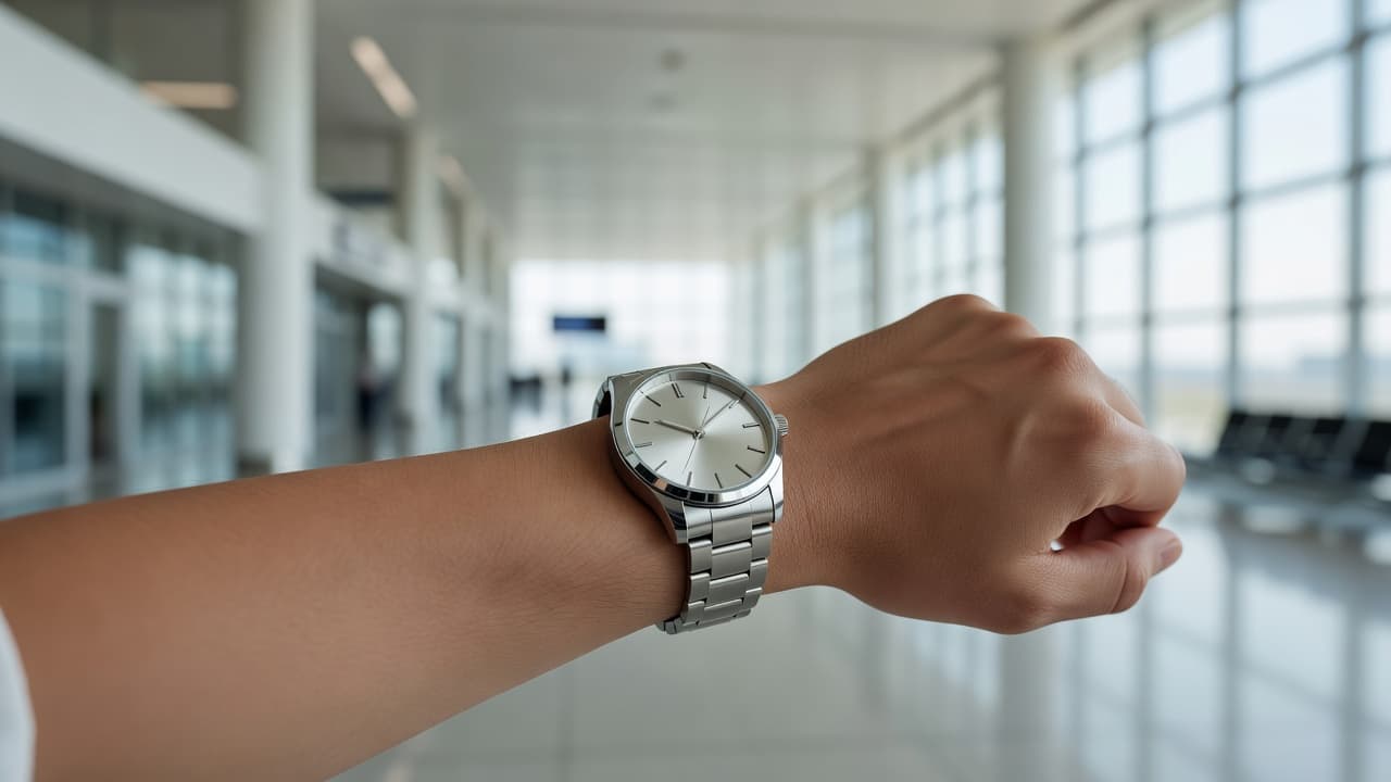 A close-up view displays a sleek stainless steel wristwatch on a traveler's wrist. The clean dial features metallic markers against the blurred, airy backdrop of a sunlit modern airport terminal.