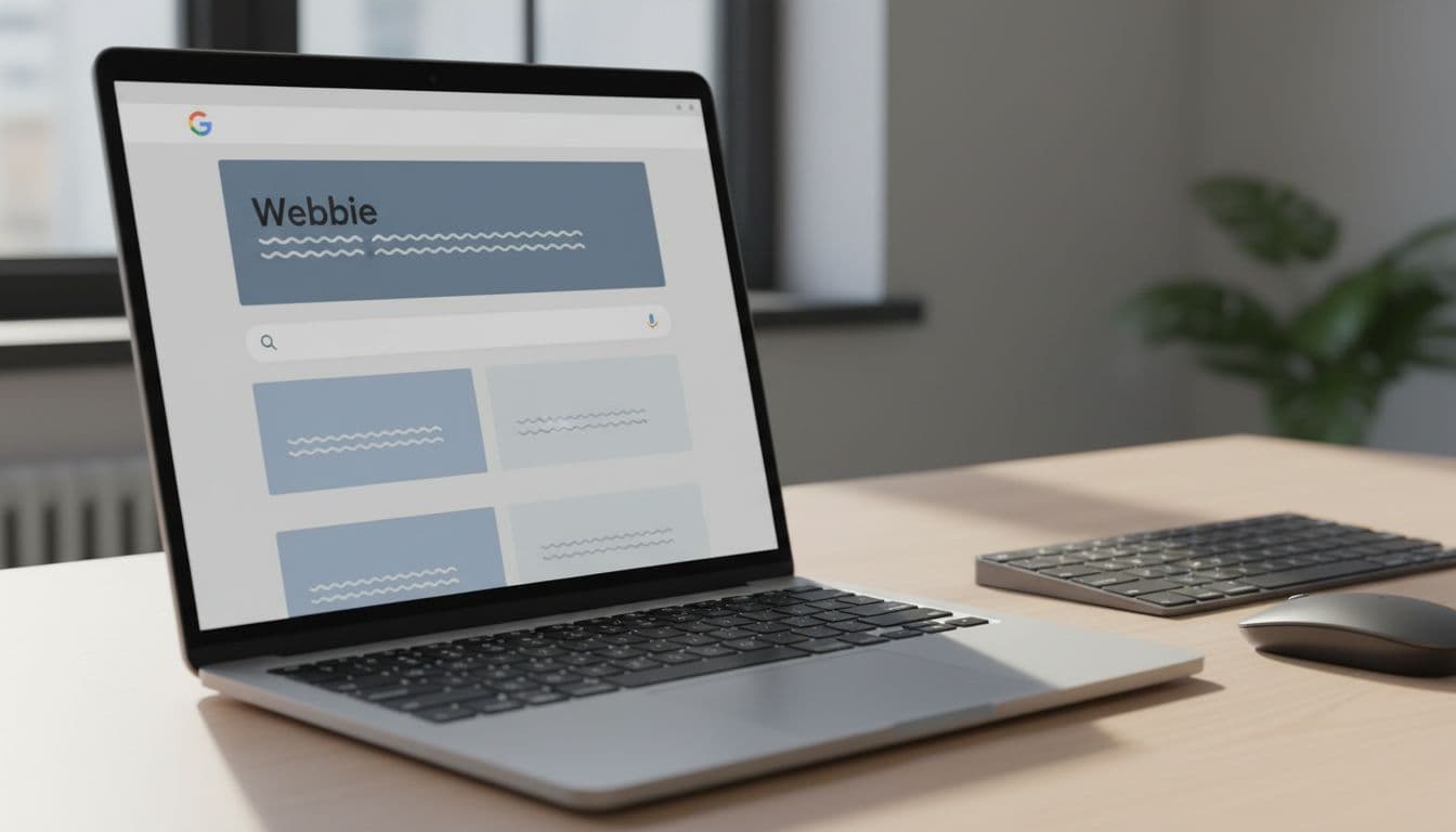 Realistic photo of a laptop on a simple office desk with keyboard and mouse, displaying Google search results with a website prominently at the top. Natural daylight lighting, focused landscape composition on the screen, no readable text, watermarks, logos, people, or extra devices.