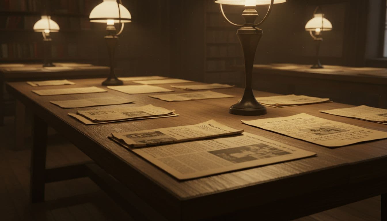 Yellowed old newspaper clippings and obituary notices spread out on a large wooden table in a dimly lit archive room, with close-up focus on folded pages and faded print details in warm sepia-toned lighting.