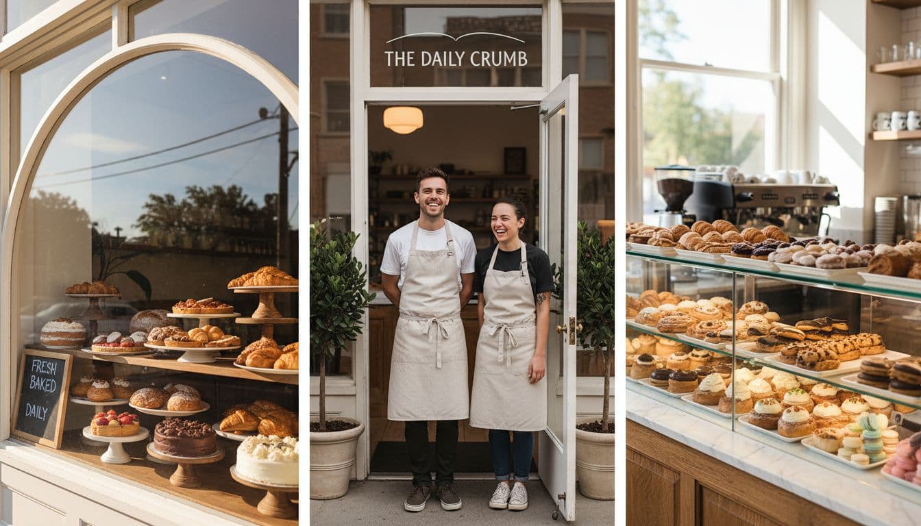 High-quality side-by-side photos for business listings: bakery storefront with inviting display, smiling staff at entrance, and interior pastry counter with natural light.