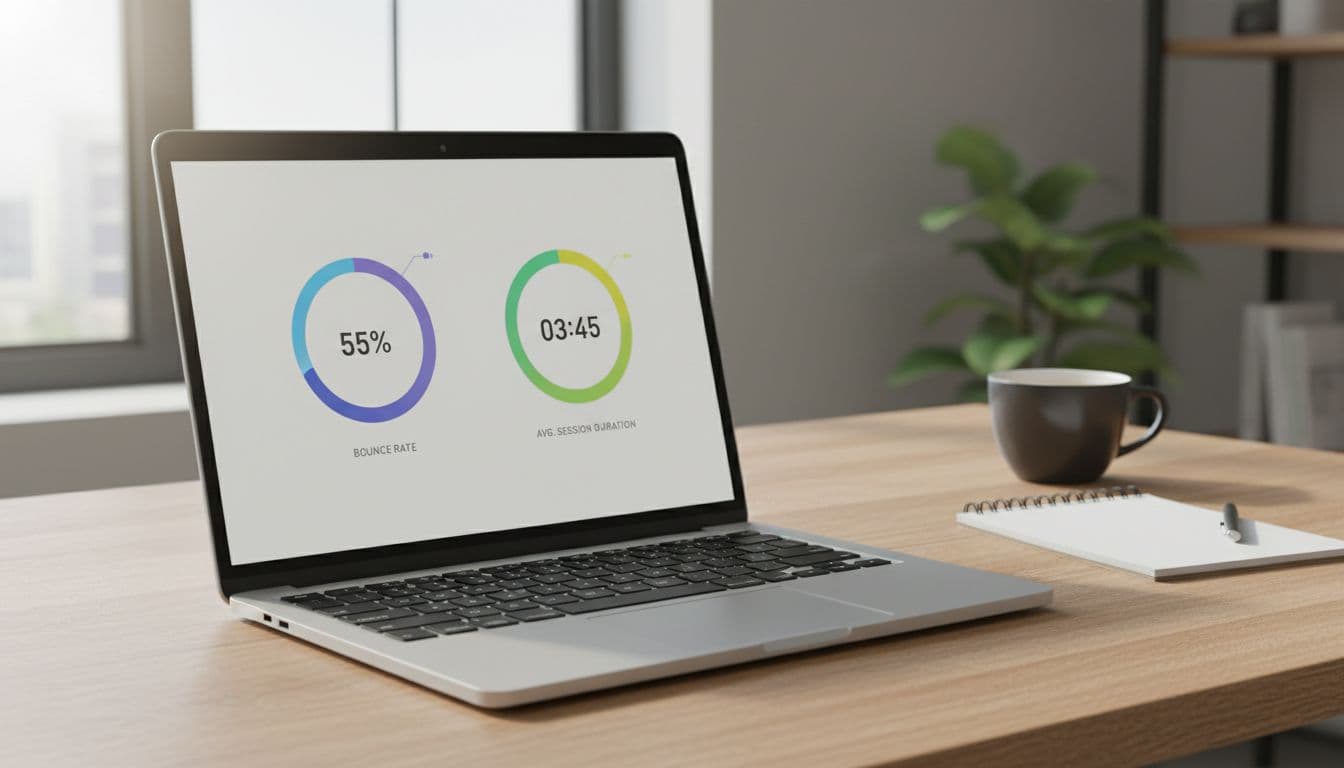 A clean laptop screen displays a simplified analytics dashboard highlighting bounce rate percentage and average session duration charts on a wooden office desk with notepad and coffee cup, illuminated by soft natural light.