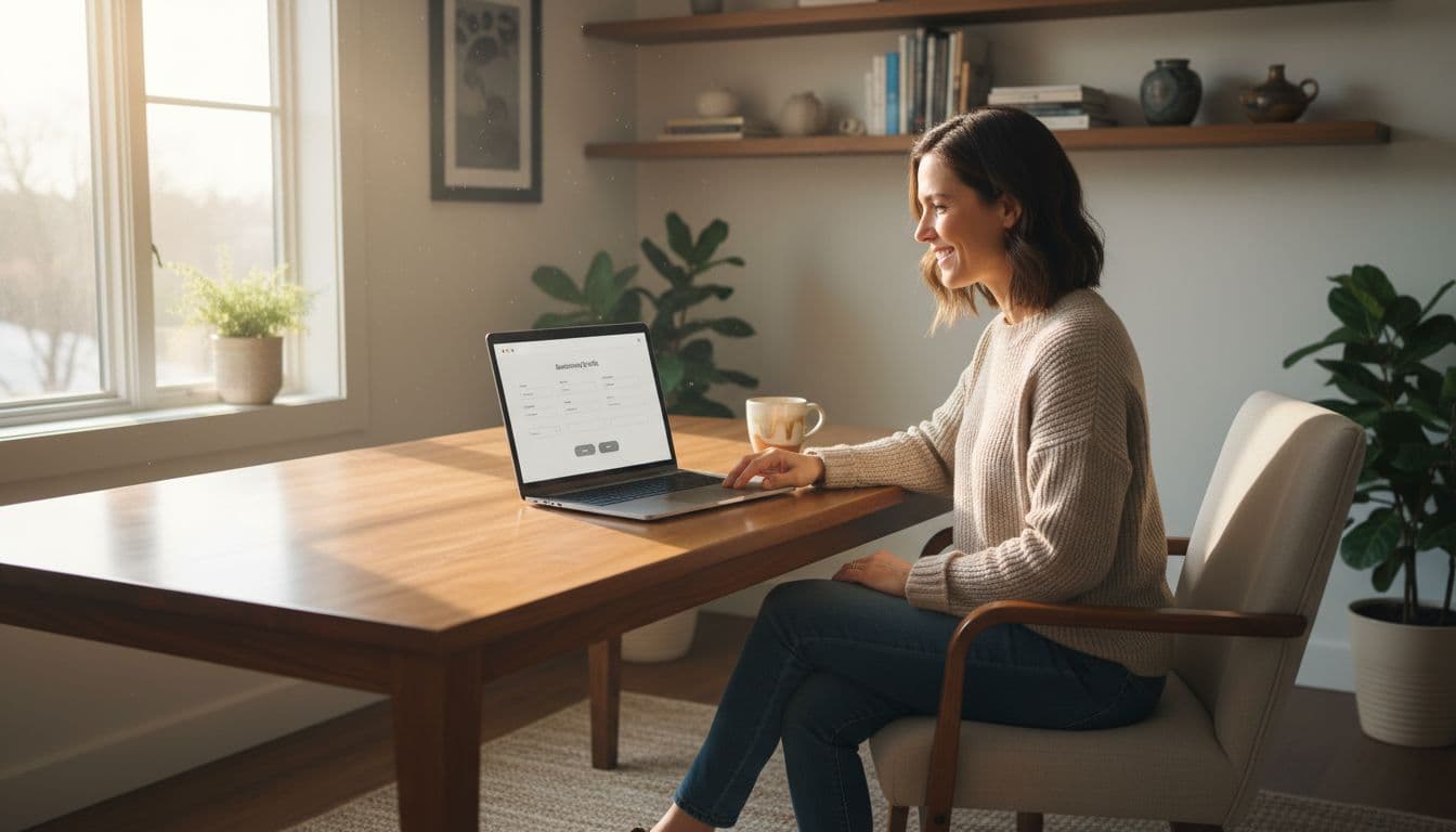 A local coffee shop owner at a wooden desk in a cozy office, sitting in front of an open laptop displaying a simple business profile setup screen, with one coffee mug nearby and natural daylight from a window.