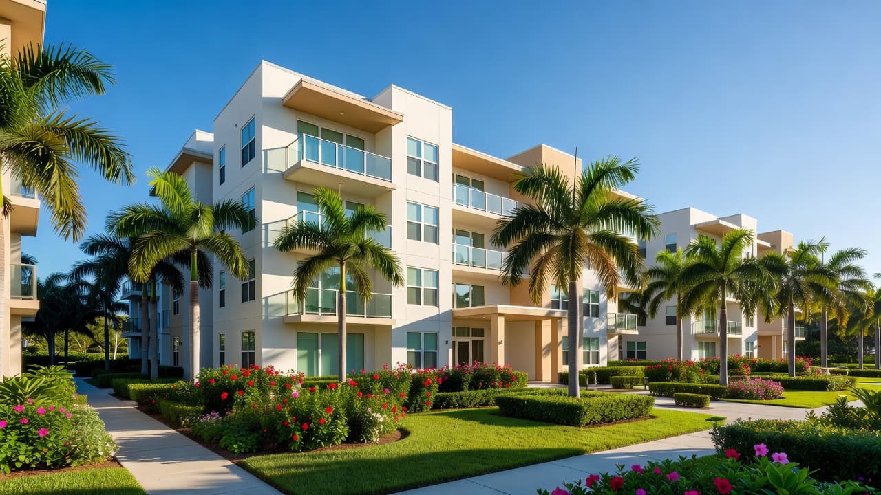 A modern multi-story residential building stands under a bright clear sky, surrounded by vibrant green palm trees and manicured gardens. The well-maintained facade reflects a sense of long-term property stability.