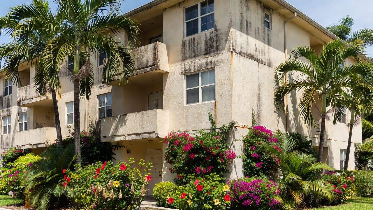 A multi-story stucco building exterior stands under bright sunlight, displaying visible weather staining from high humidity. Lush tropical foliage surrounds the structure, emphasizing the building's worn architectural details and textures.