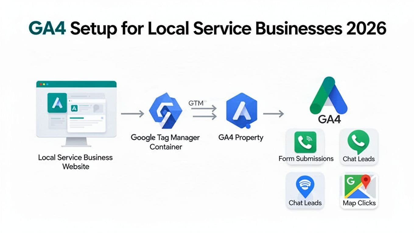 Clean modern flat vector illustration depicting a simple flow from local service business website to Google Tag Manager container to GA4 property, with icons for event tracking like phone calls, form submissions, chat leads, and map clicks.