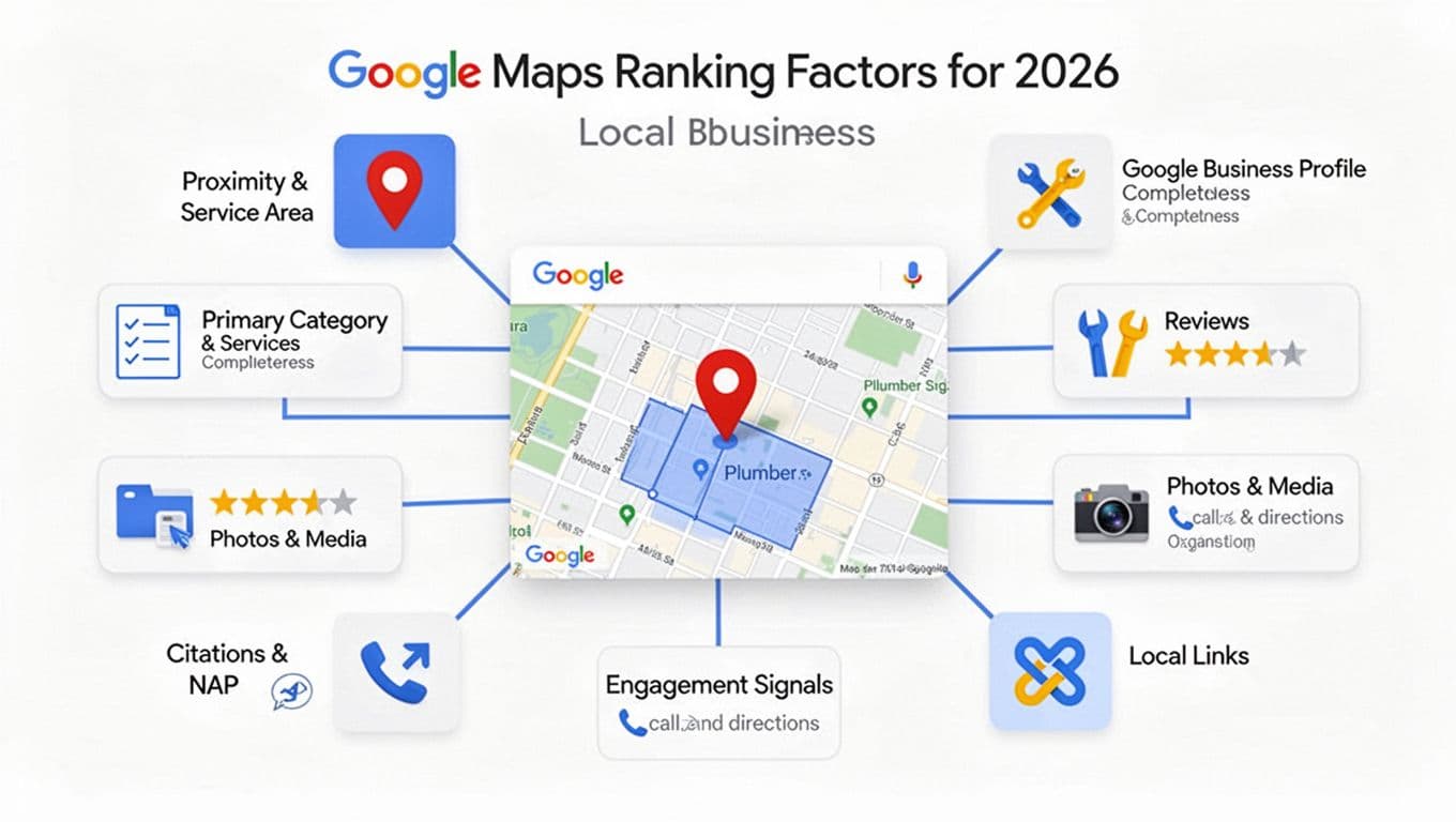 Clean, modern infographic-style illustration of Google Maps ranking factors for 2026 local service businesses, featuring a central map interface with a plumber's service area pin and eight connected factor cards for proximity, profile completeness, categories, reviews, photos, engagement, citations, and local links.