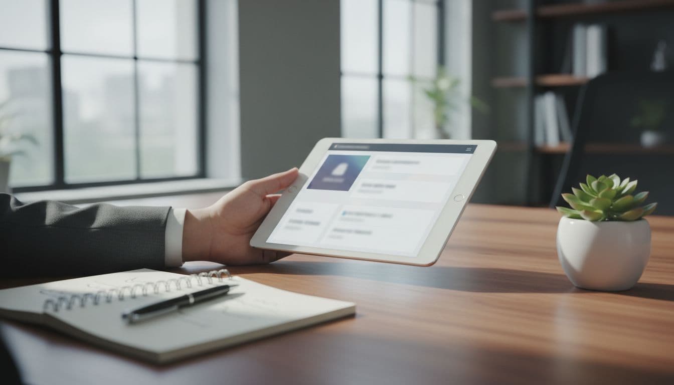 Clean modern business profile interface mockup on a tablet held by hand at rest on an office desk with notebook and plant, soft lighting, realistic photography style.