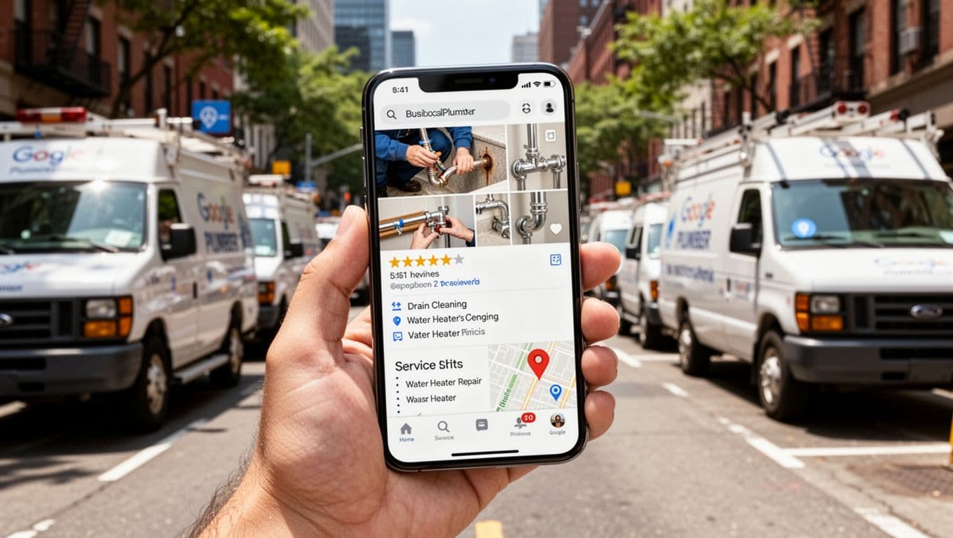 Photorealistic scene of a hand holding a smartphone displaying a plumber's Google Business Profile with 5-star reviews and services, against a busy urban street with service vans. Bright daylight, high detail, landscape orientation.