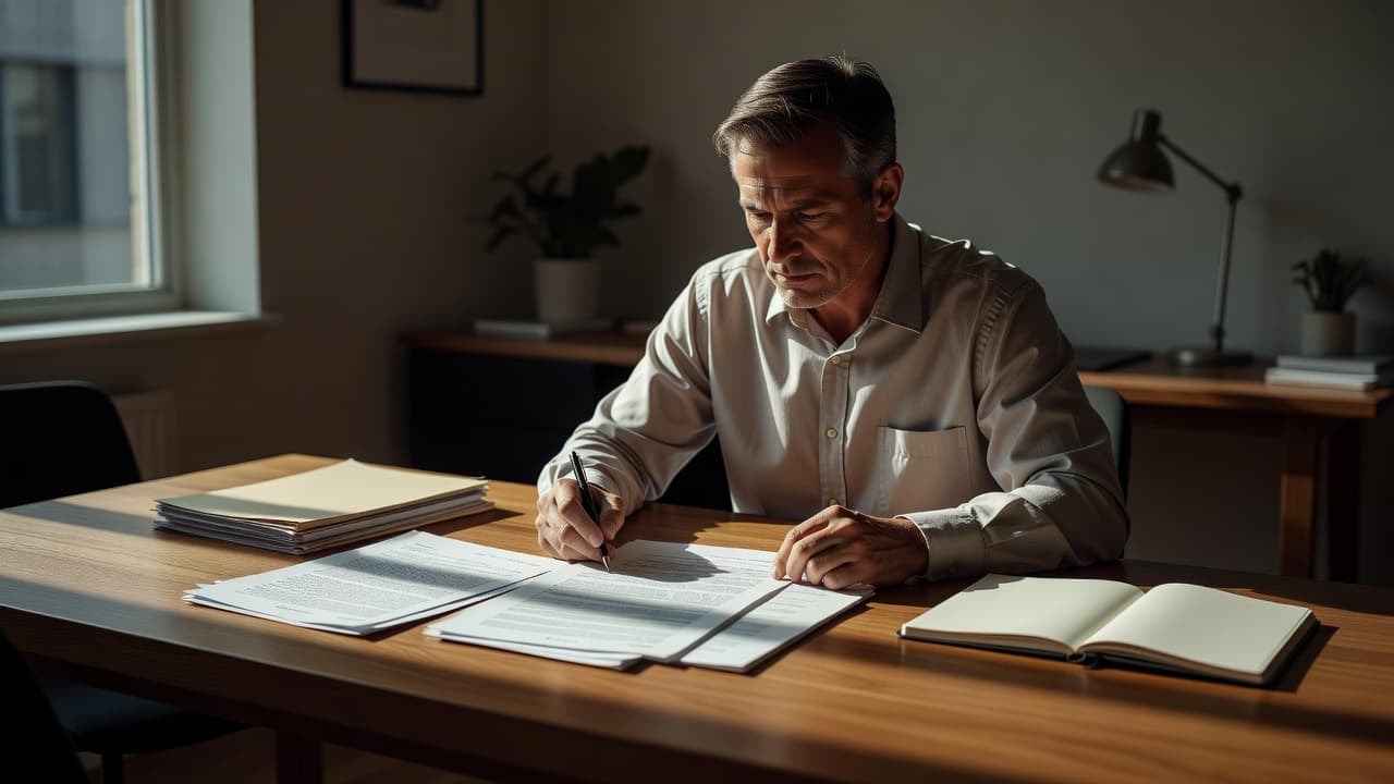 A focused individual leans over a polished wooden table to analyze legal documentation under warm lighting. The clean workspace features sharp contrasts, highlighting an organized environment for detailed professional decision making.
