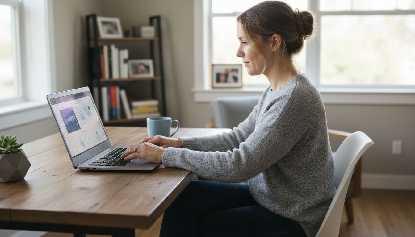 A small business owner sits relaxed at a desk in a cozy office, viewing the Bing Places dashboard on a laptop screen at an angle, with hands on keyboard and a coffee mug nearby under natural daylight.