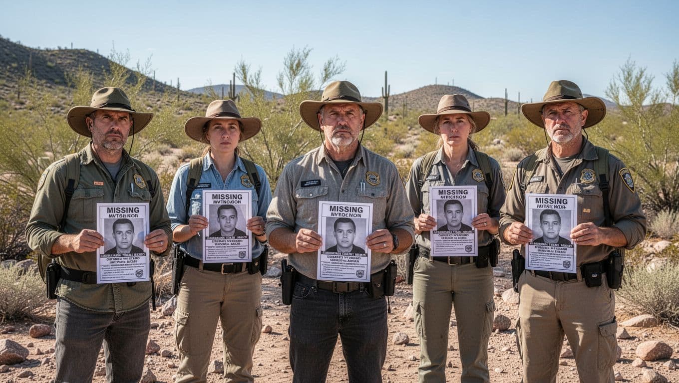 A group of exactly five volunteers and search team members stand in an arid desert landscape near Tucson, Arizona, holding missing person flyers under clear daytime skies.