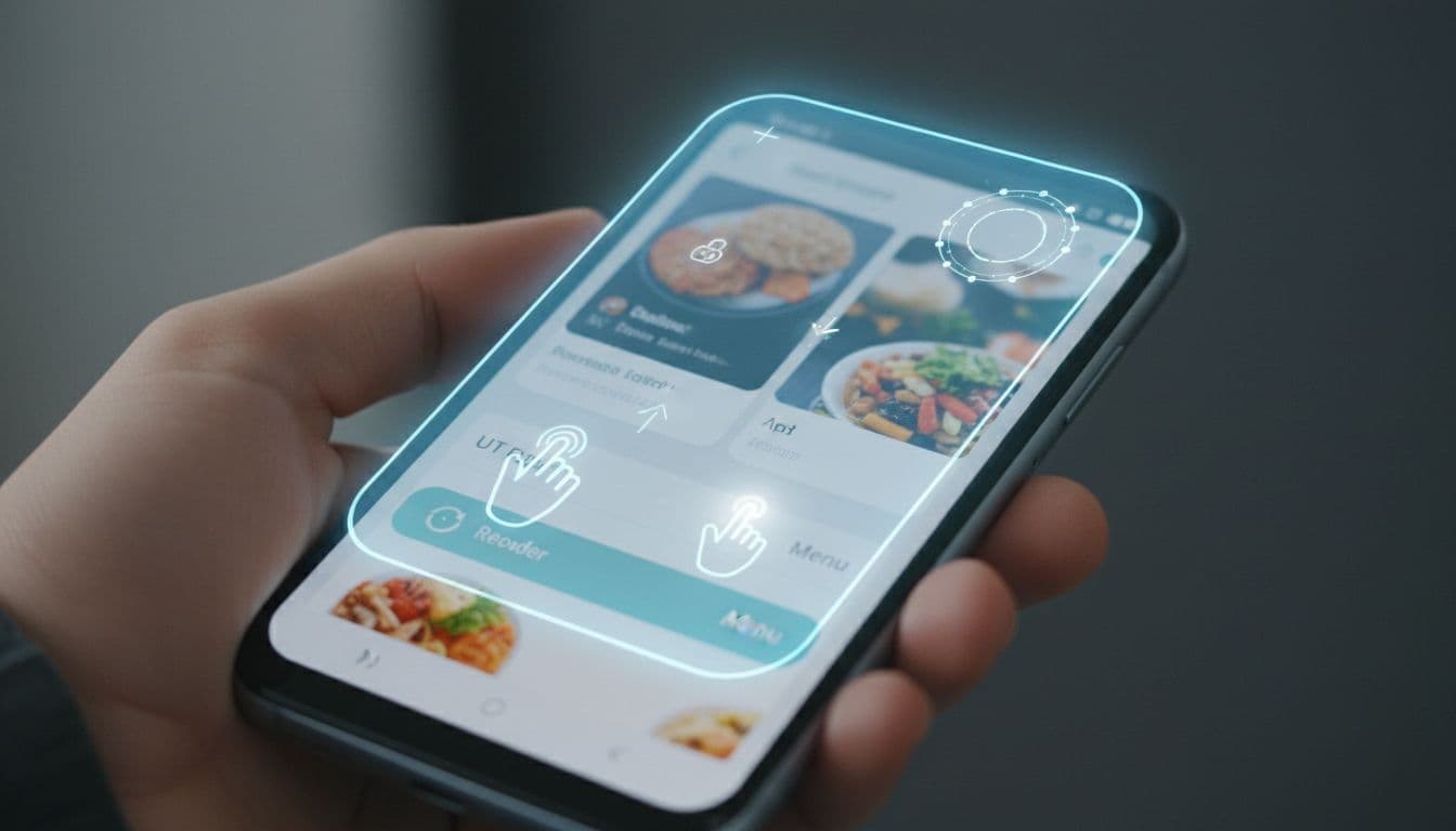 Close-up of modern Android smartphone screen showing Gemini AI in a secure virtual window automating a food delivery app with simulated taps on reorder and menu, progress indicator visible, realistic style.