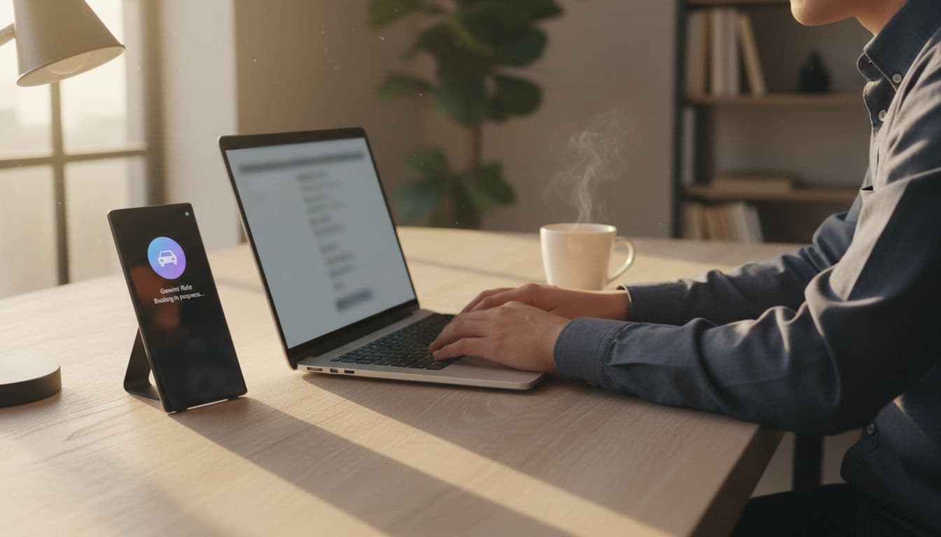 A focused professional works at a wooden desk with an open laptop and coffee mug, while a Samsung Galaxy S26 smartphone nearby displays a subtle Gemini task automation notification for ride booking progress in the background, evoking a relaxed productive atmosphere.