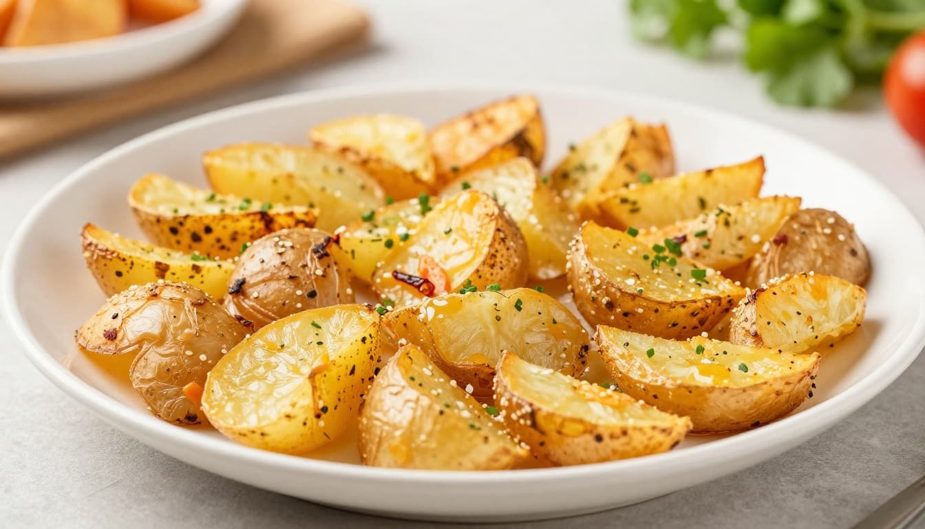 A professional close-up food photograph of golden-skinned fried potato cutlets on a white plate, accompanied by fresh vegetables, featuring soft natural lighting and no text or logos.
