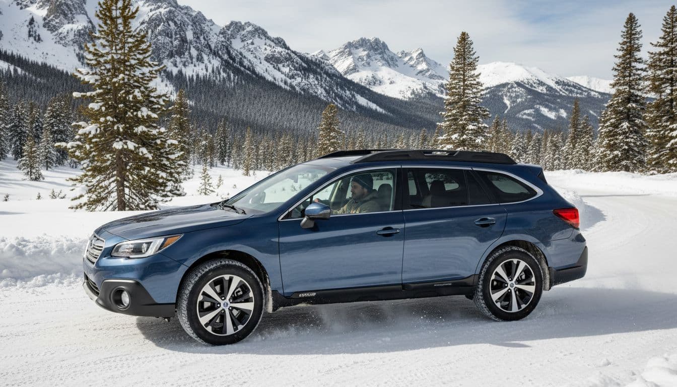 A 2018 Subaru Outback wagon drives on a snowy mountain road in winter, highlighting its AWD winter driving capability amid rugged terrain and pine trees.