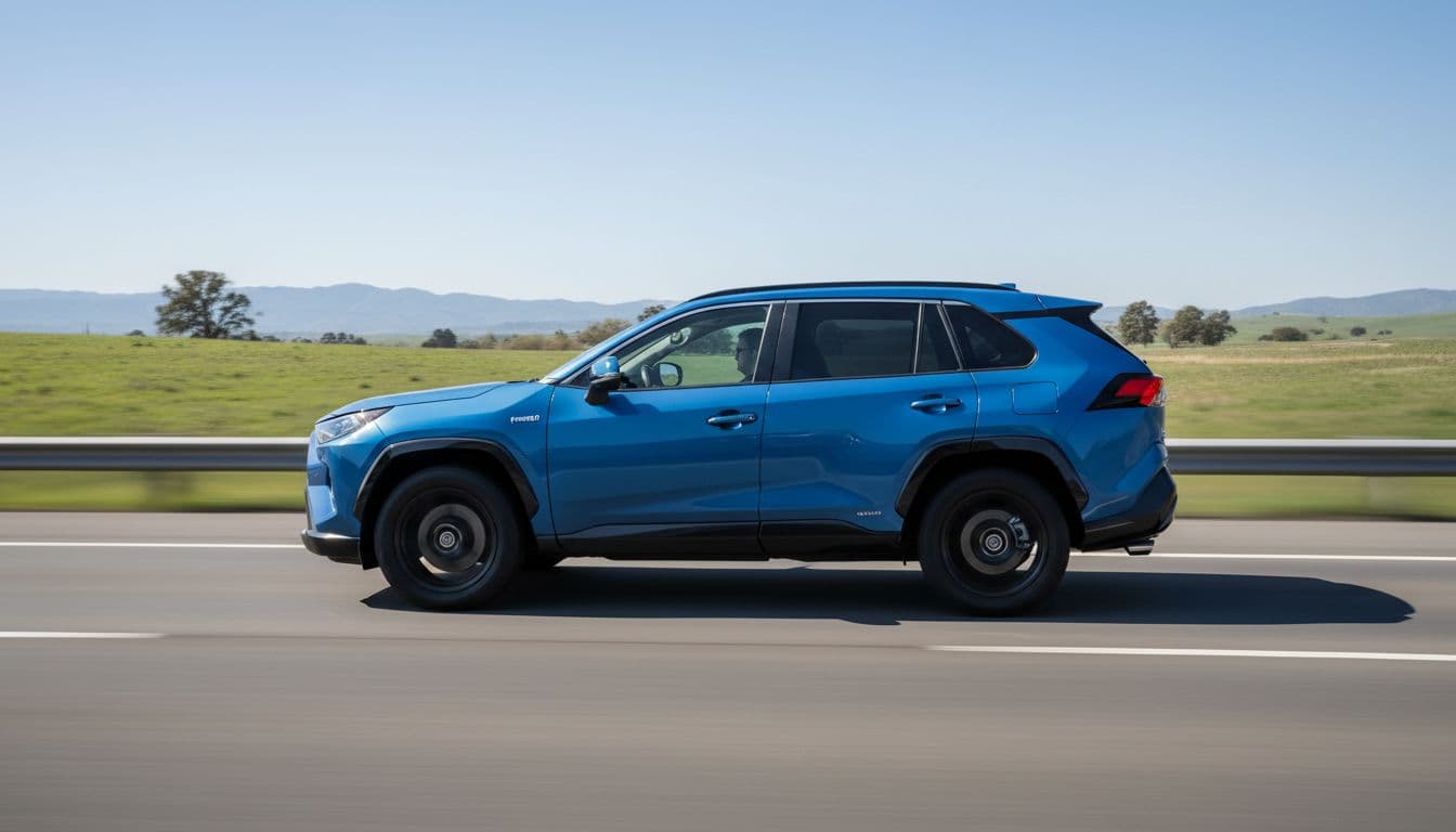 A blue 2022 Toyota RAV4 Hybrid drives dynamically on a highway in clear weather, captured from a side angle in realistic photo style with natural lighting and landscape composition.