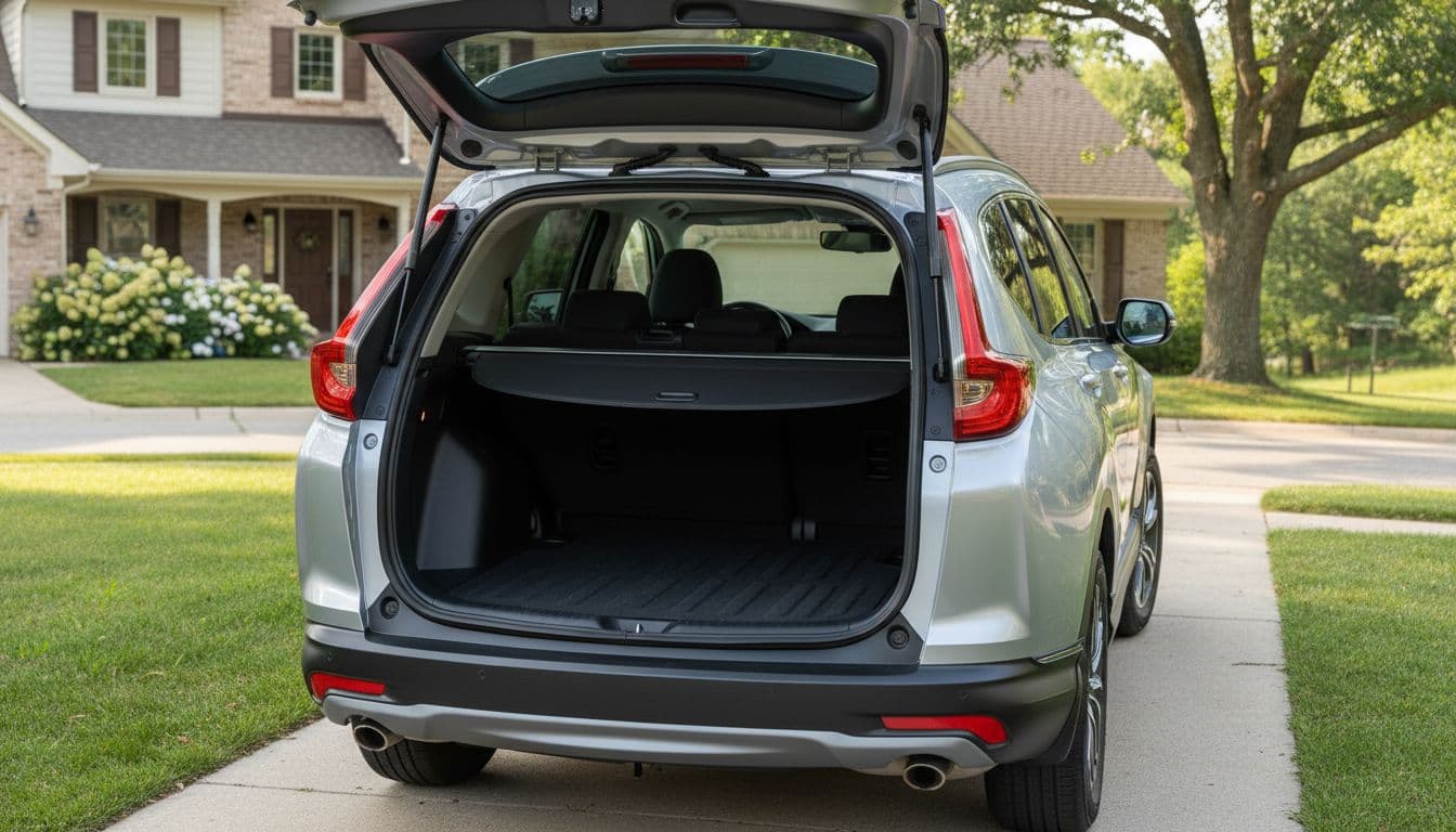 Silver 2023 Honda CR-V parked in a suburban driveway with rear hatch open, showcasing roomy cargo area under bright daylight, realistic photo, no people or logos.