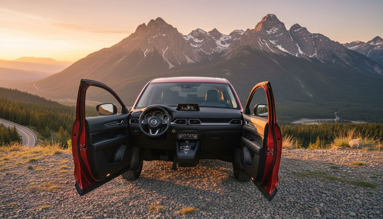 A 2024 Mazda CX-5 in red is parked at a scenic mountain overlook during golden hour, with the upscale leather interior visible through the open door. Realistic landscape photograph featuring exactly one vehicle, no people or text.