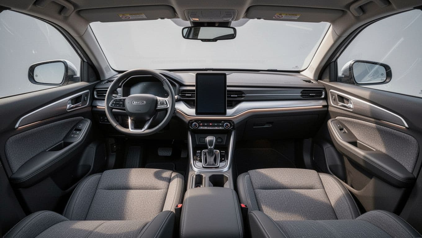 Photorealistic interior of the 2025 Subaru Forester cabin featuring a modern dashboard with centered 11.6-inch vertical touchscreen, layered console, comfortable cloth seats for five, ample rear legroom, and soft ambient lighting. The empty vehicle has no people or text on screens.