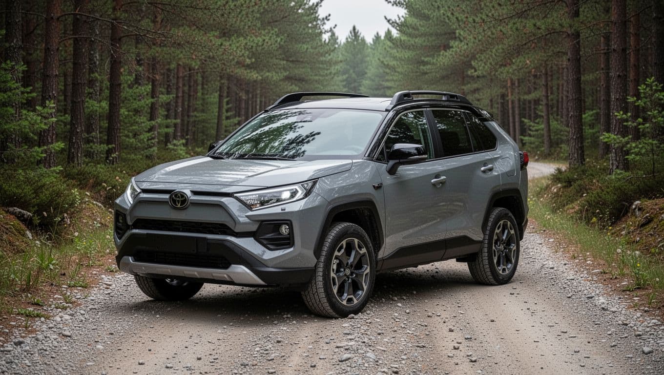 Front three-quarter view of the 2025 Subaru Forester SUV parked on a gravel road in a forested area, featuring refreshed rugged styling, bold LED headlights, prominent roof rails, and practical boxy shape.
