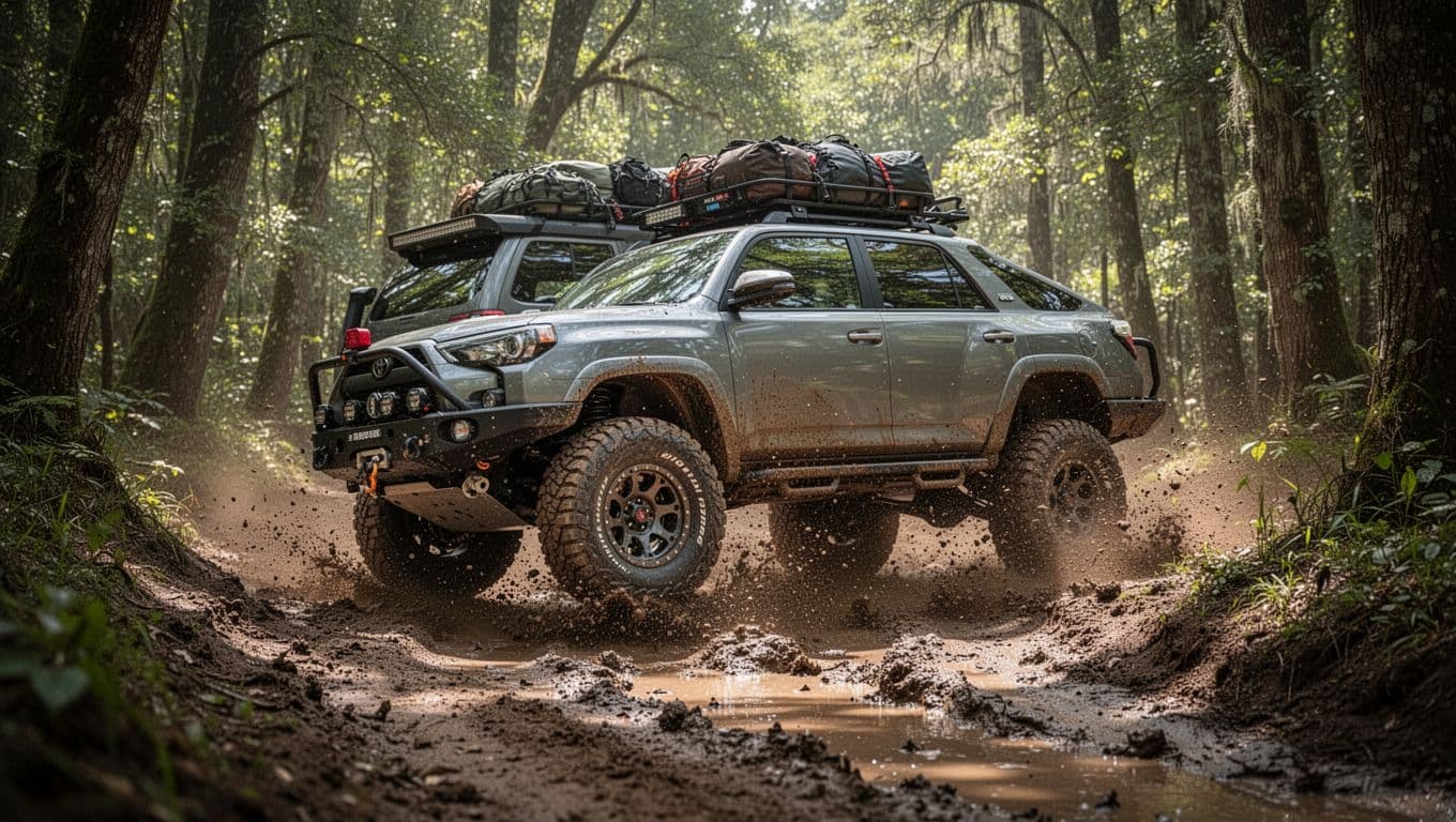 2025 Subaru Forester Wilderness trim navigating a muddy forest trail, highlighting high ground clearance, all-terrain tires, skid plates, and roof rack gear in a dynamic side-angle photorealistic shot under natural daylight.