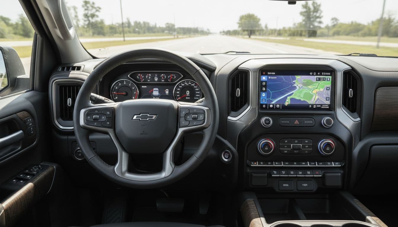 Photorealistic dashboard view of the 2026 Chevy Silverado 1500 featuring a 13.4-inch touchscreen and 12.3-inch digital gauge cluster during a daytime drive.