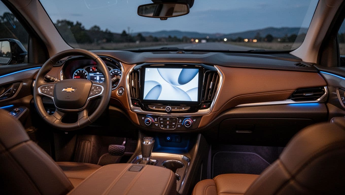 Interior dashboard of the 2026 Chevy Traverse featuring a large central touchscreen with simple abstract interface, leather seats, steering wheel, and ambient evening cabin lighting. Realistic high-detail photograph with clean composition, screen at slight angle, no people or readable text.