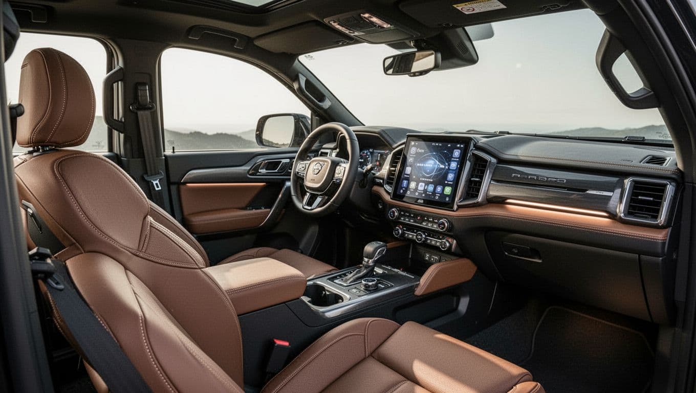Spacious driver's view of the 2026 Ford Bronco Sport Outer Banks cabin interior, featuring leather-upholstered front seats, 13.2-inch touchscreen dashboard, steering wheel, center console, ambient lighting, and modern rugged design in a realistic high-detail photograph with empty seats and soft lighting.