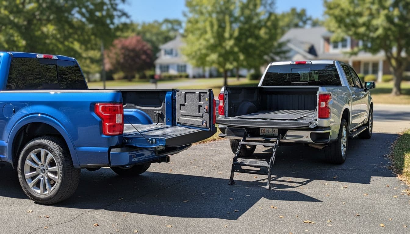 Photorealistic side-by-side rear three-quarter view of a blue 2026 Ford F-150 with Pro Access split tailgate partially open and a silver 2026 Chevy Silverado with Multi-Flex tailgate as step and work surface on a sunny driveway, highlighting bed access features.