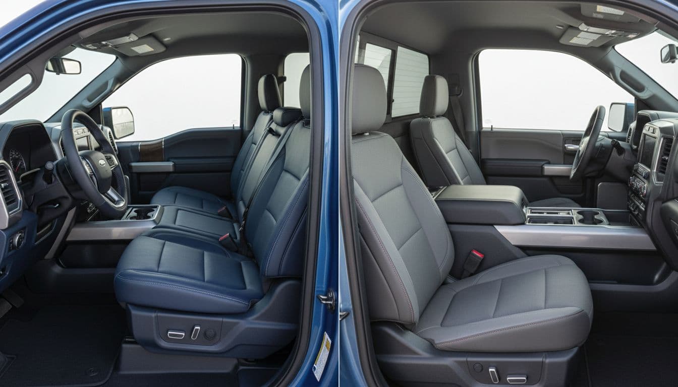 Photorealistic side-by-side interior comparison of spacious crew cabs in a blue 2026 Ford F-150 and silver 2026 Chevy Silverado 1500, showcasing front seats, center console storage, rear seating, comfortable upholstery, and natural daylight.