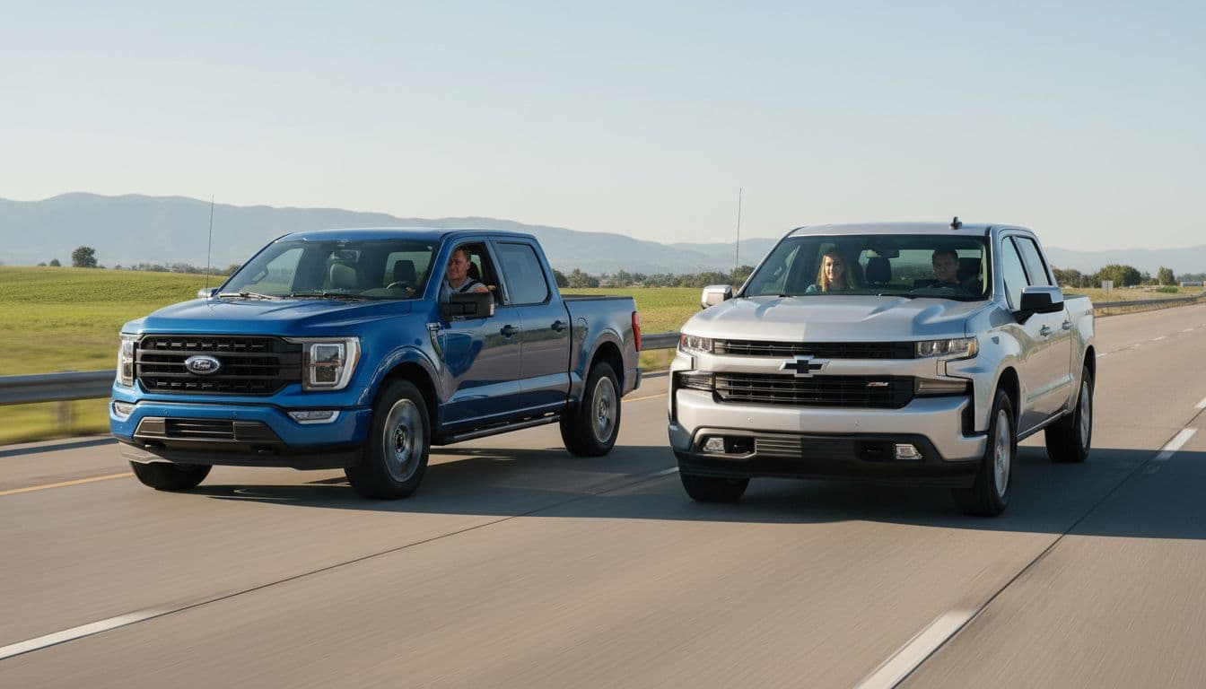 Photorealistic side-by-side view of a blue 2026 Ford F-150 and silver 2026 Chevy Silverado 1500 driving smoothly on a sunny highway with relaxed drivers visible through the windows.