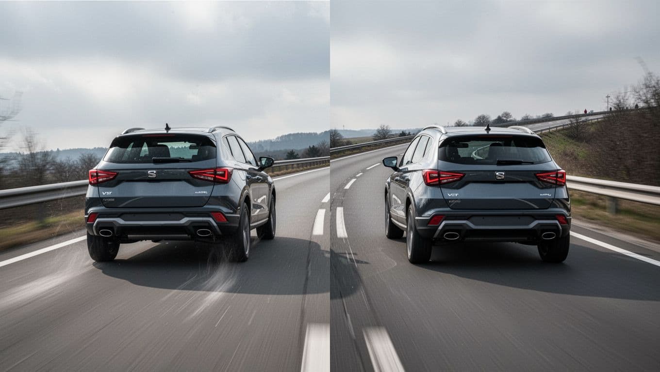 Dynamic rear-view scene on a curved highway where the 2026 Hyundai Kona accelerates ahead of the 2026 Kia Niro, highlighting performance contrast under natural overcast lighting.