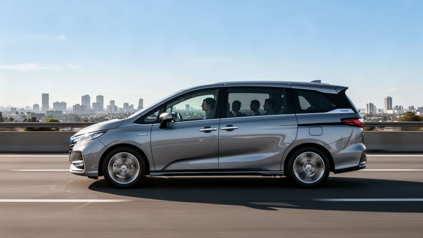 The 2026 Kia Carnival hybrid minivan drives smoothly on a multi-lane highway during daytime, featuring a family silhouette through tinted windows and a distant cityscape background with dynamic motion blur on the wheels.
