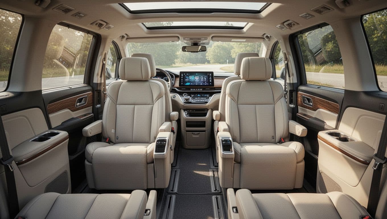 Empty cabin of a 2026 Kia Carnival minivan showcasing first and second row captain's chairs, ample legroom and headroom, dual 12.3-inch dashboard screens, wood trim accents, and soft ambient lighting from windows.