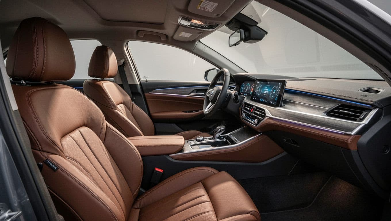 Wide-angle view from the driver seat of the 2026 Kia K5 EX trim interior, highlighting leather upholstery, modern dashboard with large touchscreen, roomy cabin, and soft ambient lighting.