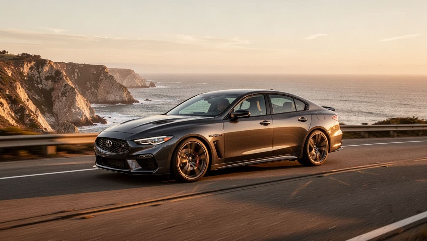 Dynamic side-angle shot of a 2026 Kia K5 GT sedan driving on a winding coastal road during golden hour, highlighting aggressive styling, sporty wheels, sharp details, and natural lighting.