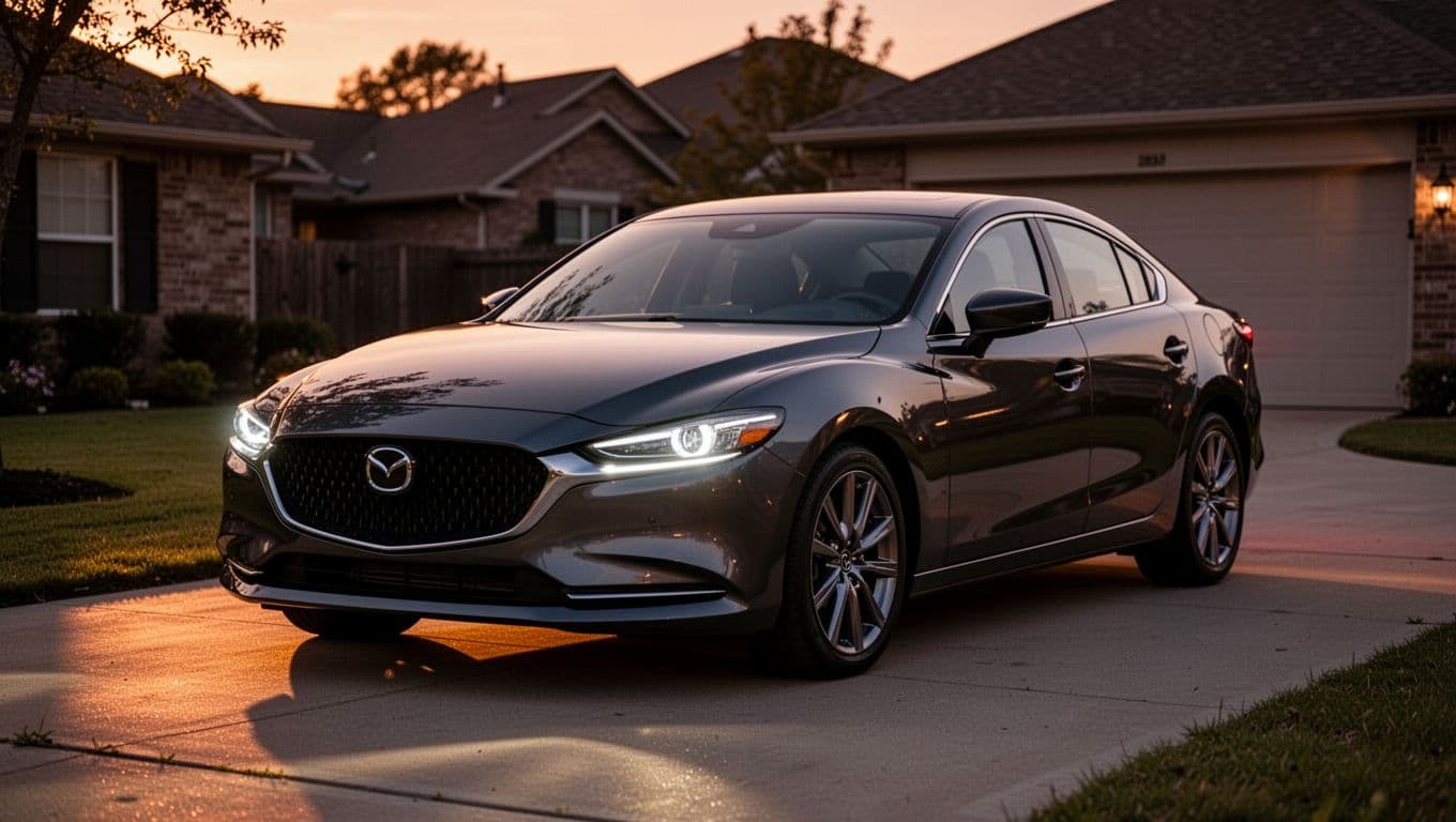 2026 Kia K5 LXS trim parked in a suburban driveway at dusk, clean exterior shot from front three-quarter angle highlighting sleek design and LED headlights.