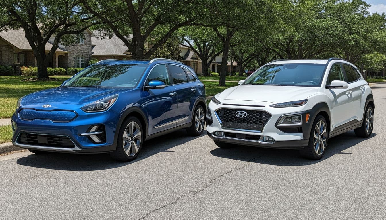Side-by-side parked 2026 Kia Niro hybrid crossover and 2026 Hyundai Kona subcompact SUV on a sunny suburban street, front three-quarter view highlighting exterior design differences in realistic automotive photography.
