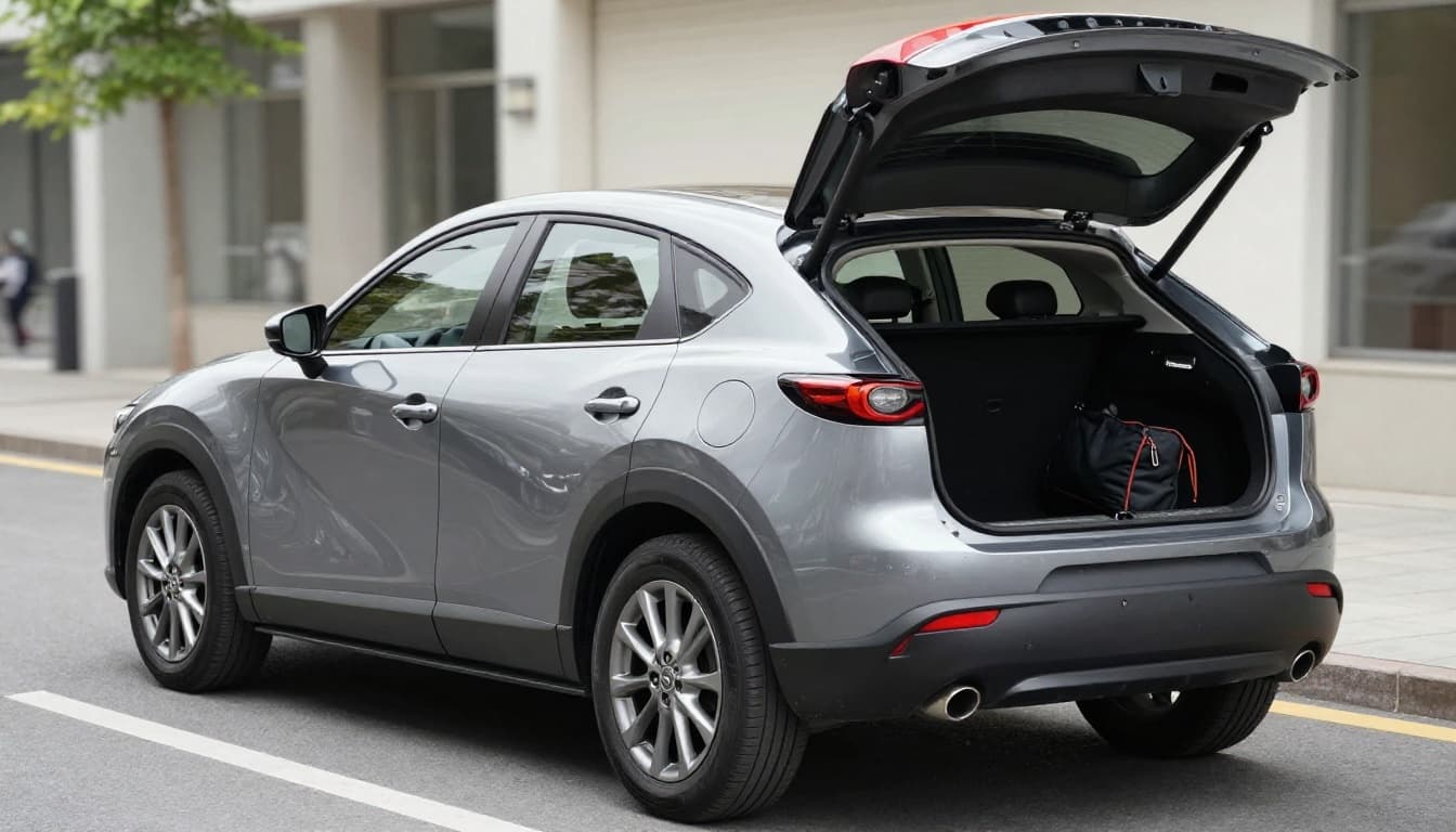 2026 Mazda CX-30 subcompact SUV parked outdoors in a city setting with rear hatch open, revealing modest cargo area with some bags, side view emphasizing compact size and limitations under natural daylight.