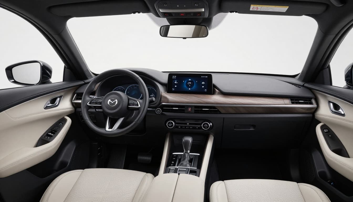 Driver's perspective interior view of the 2026 Mazda CX-30 premium cabin, featuring high-quality two-tone upholstery on front seats, dashboard with physical controls and infotainment screen, and soft ambient lighting.