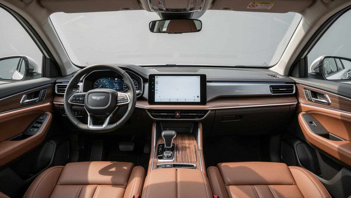 Spacious upscale interior of a 2026 Mazda CX-5 SUV from the driver's perspective, showcasing a large central touchscreen, leather-trimmed seats, wood accents on the console, soft ambient lighting, and high-quality materials in an empty cabin.