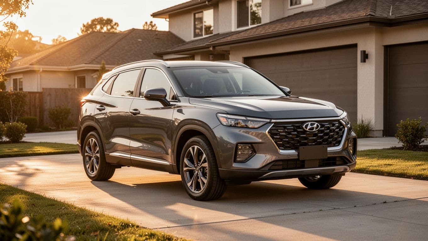 Sleek metallic gray 2026 Mazda CX-5 compact SUV parked in a modern suburban driveway during golden hour sunlight, showcasing updated bold front grille, longer wheelbase, and sleek profile from a three-quarter front angle in realistic photography style.