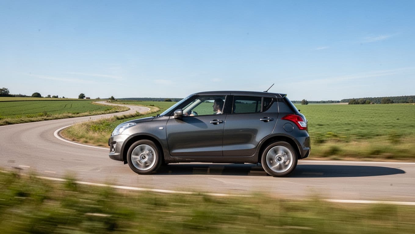 2026 Mazda CX-5 compact SUV driving dynamically on a smooth winding country road in daytime, side profile view with motion blur on wheels, clear blue sky and green fields background.