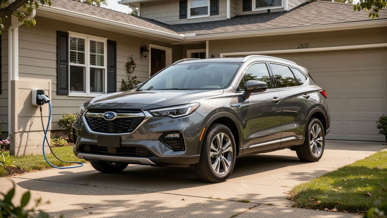 2026 Mazda CX-90 PHEV plug-in hybrid SUV parked in a suburban driveway, charging cable connected to wall outlet under natural daytime light, realistic photo of practical daily use for commuters.